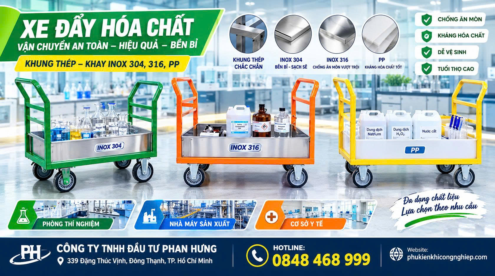 Xe Đẩy Hóa SG-XĐC0416PP Inox 304, Inox 316, PP Ứng Dụng Trong Phòng Thí Nghiệm – LAB